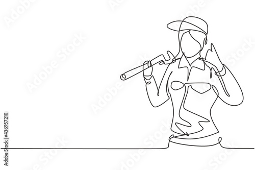 Single one line drawing female plumber with call me gesture ready to work on repairing the leaking drain in sink and house's drains. Modern continuous line draw design graphic vector illustration