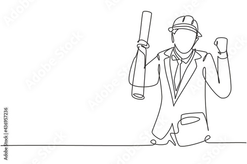 Continuous one line drawing architect with celebrate gesture and wearing helmet carried building construction drawing paper. Successful business. Single line draw design vector graphic illustration