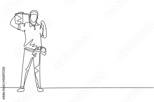 Single one line drawing deliveryman stands with celebrate gesture carrying package box that customer order to be delivered safely. Success job. Continuous line draw design graphic vector illustration
