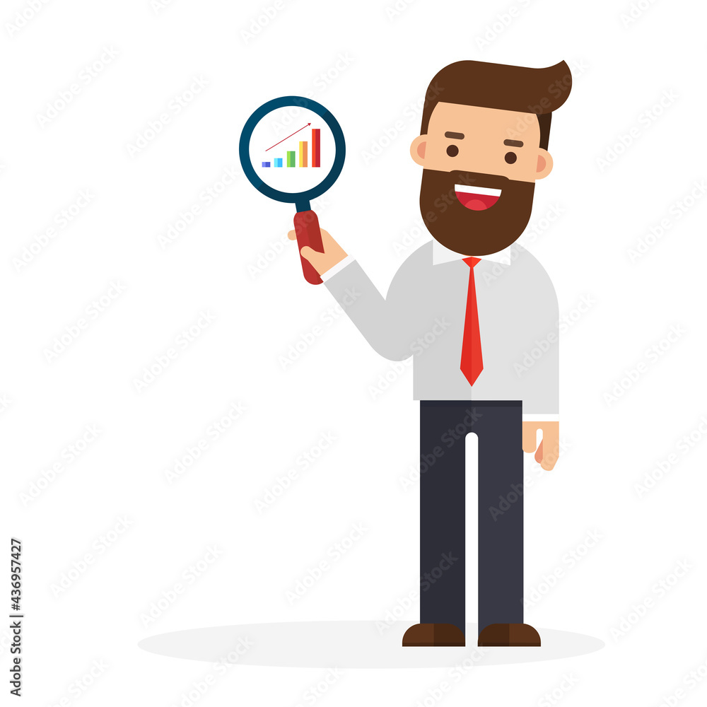 Businessman show graph through a magnifying glass Businessman show graph through a magnifying glass