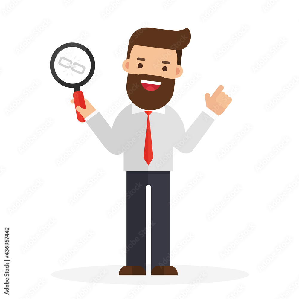 Businessman show link through a magnifying glass