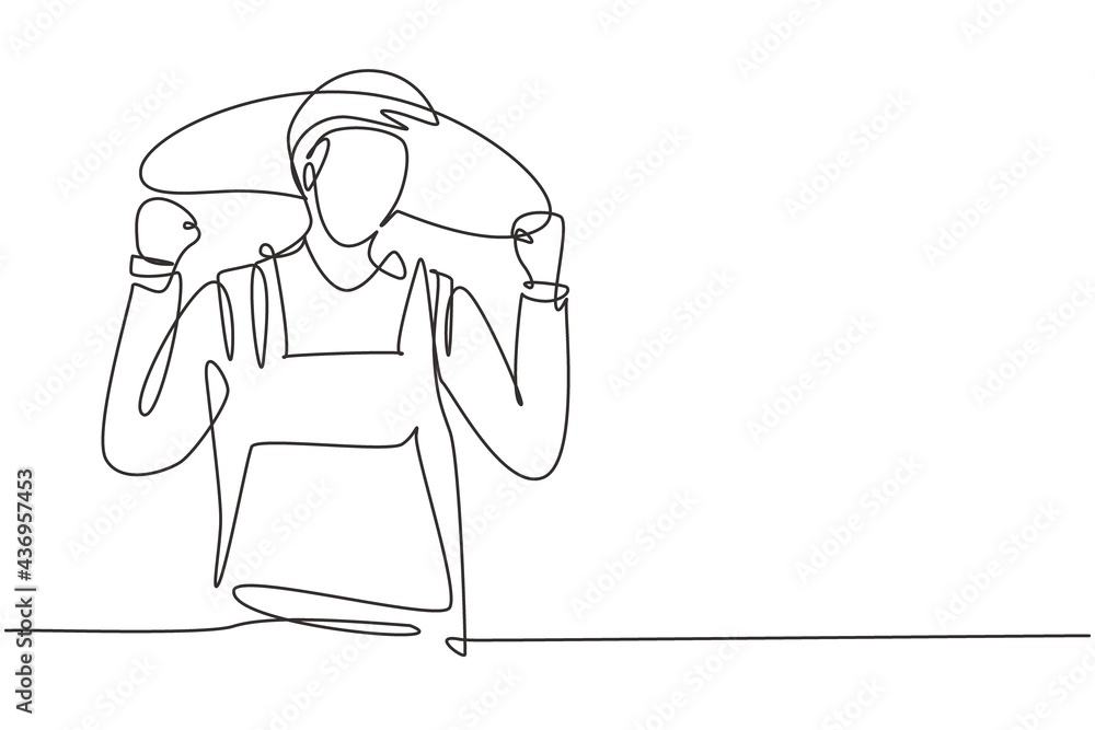 Obraz premium Single one line drawing farmer with celebrate gesture wearing straw hat and farm uniform to work on the farm. Success business concept. Modern continuous line draw design graphic vector illustration