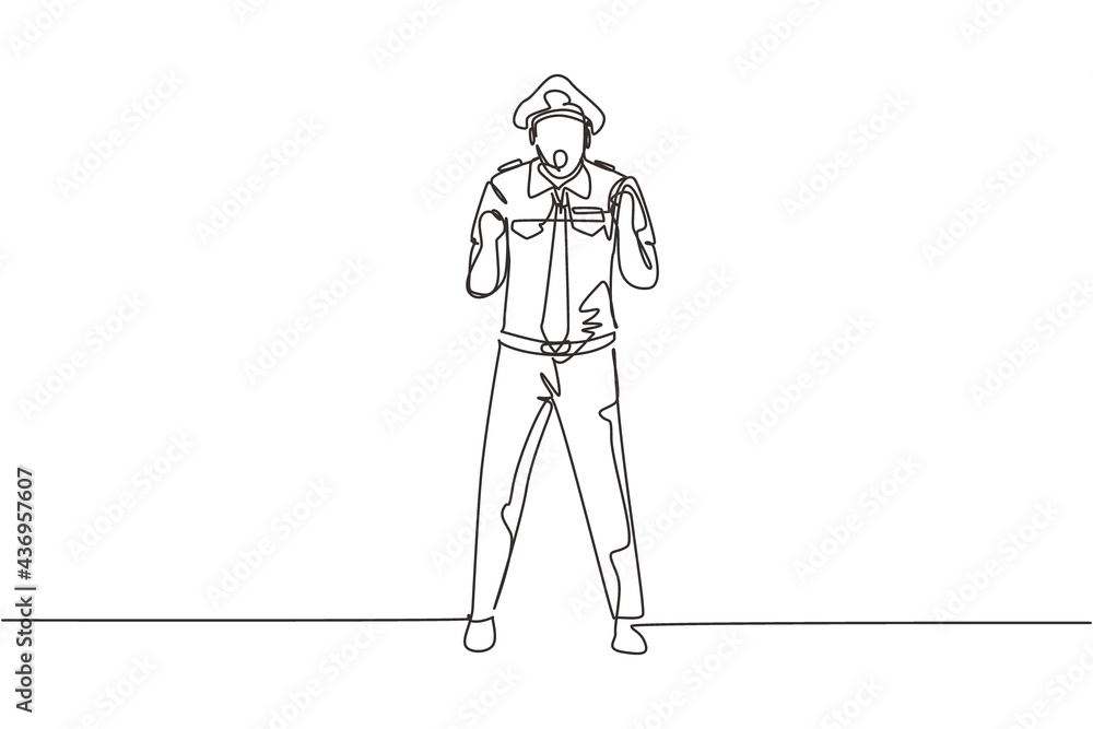 Fototapeta premium Continuous one line drawing pilot stands with celebrate gesture and complete uniform serves airplane passengers fly to destination. Success person. Single line draw design vector graphic illustration