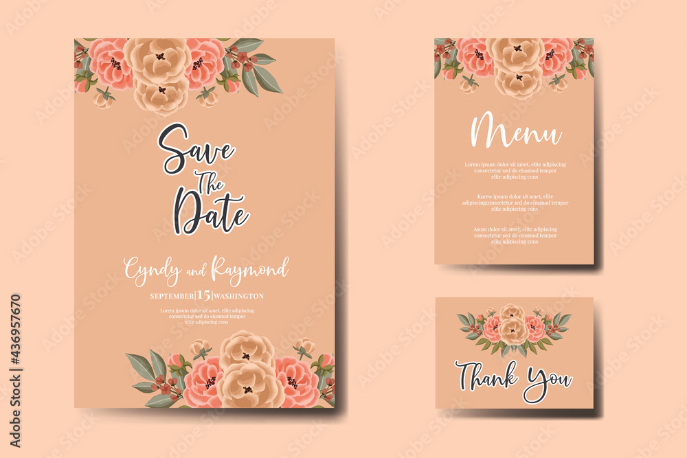 Naklejka premium Wedding invitation frame set, floral watercolor Digital hand drawn Peony Flower design Invitation Card Template