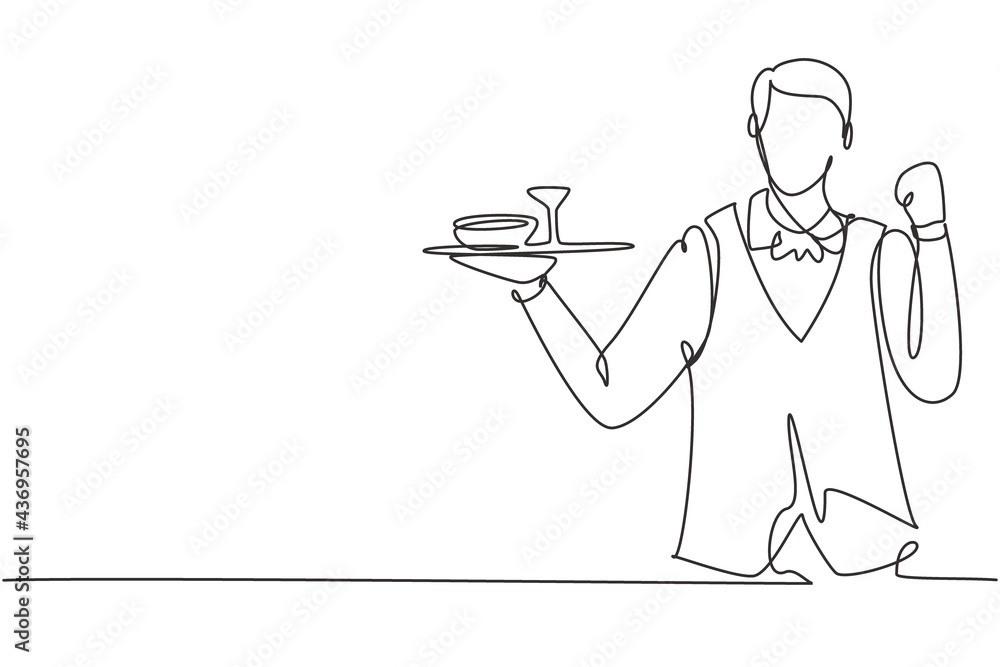 Single continuous line drawing waiter with celebrate gesture and brought a tray of drinking glasses serving visitors at cafeteria. Success job. Dynamic one line draw graphic design vector illustration