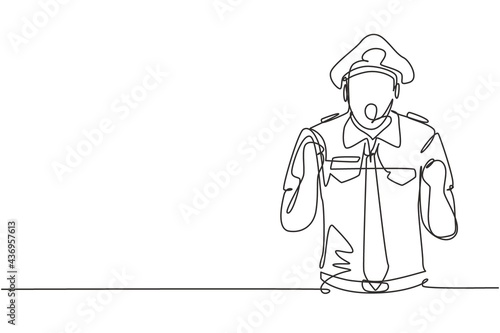 Single continuous line drawing pilot with celebrate gesture and full uniform ready to fly with cabin crew in aircraft at international airport. Dynamic one line draw graphic design vector illustration