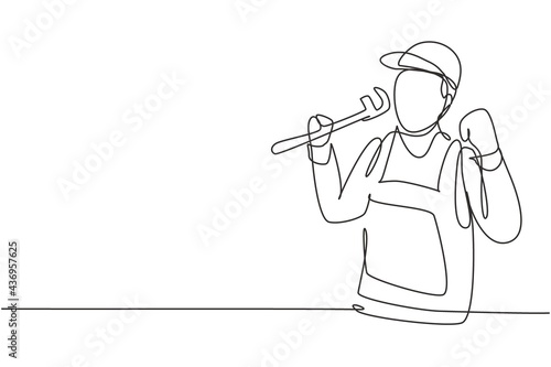 Single continuous line drawing plumber with celebrate gesture ready to work on repairing leaking drain in sink and house's drains. Success job. Dynamic one line draw graphic design vector illustration