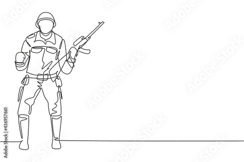 Continuous one line drawing soldier stands with weapon, full uniform, and celebrate gesture serving the country with strength of military forces. Single line draw design vector graphic illustration