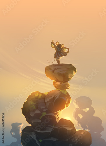 Original digital artwork with a funny mouse exercising on the background of a beautiful sunrise