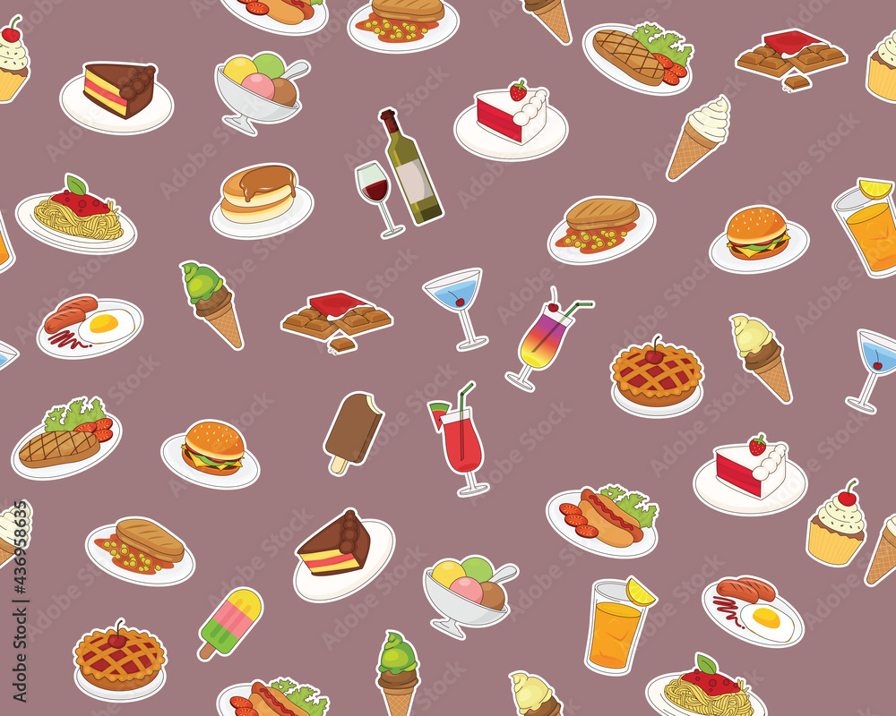 Vector flat seamless texture pattern Menu food and drink