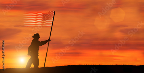 USA firefighter with nation flag. Greeting card for Firefighters Day , Patriot Day, Independence Day . America celebration.