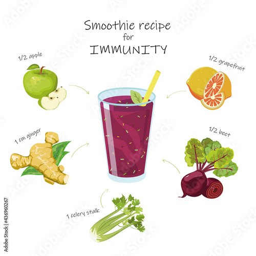 Recipe for a smoothie for immunity from grapefruit, beetroot, ginger root, apple and celery.  Vitamin summer and spring drink for good health and healthy lifestyle