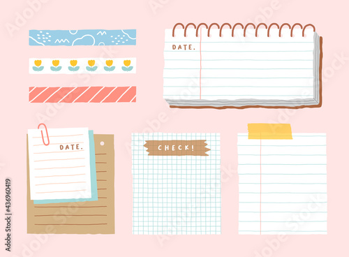 Cute memo template. A collection of striped notes, blank notebooks, and torn notes used in a diary or office.