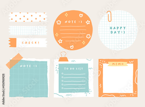 Cute memo template. A collection of striped notes, blank notebooks, and torn notes used in a diary or office. photo
