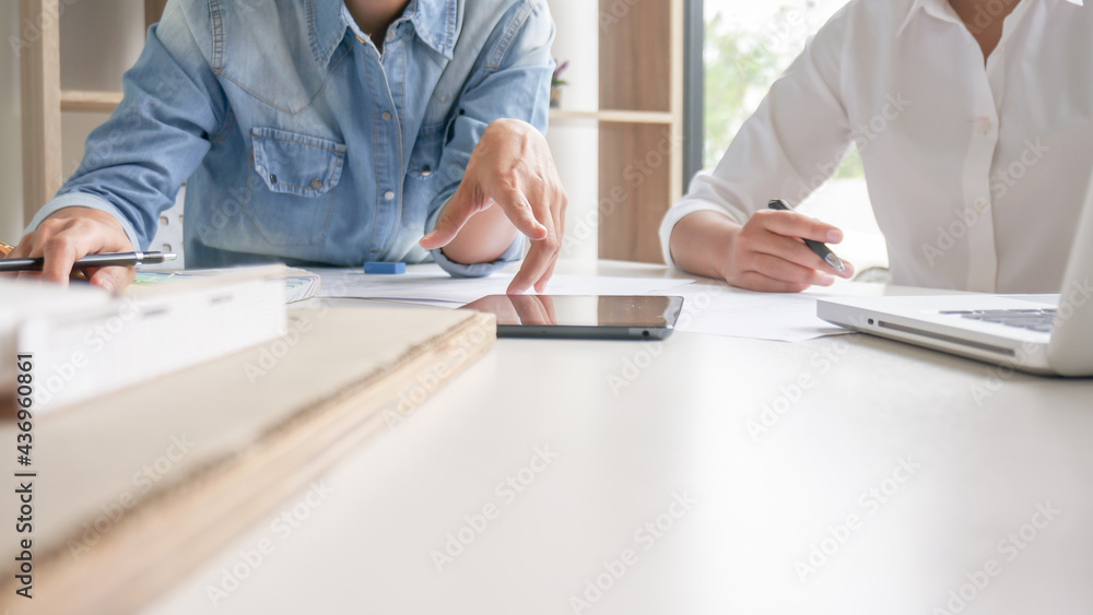 Architecture drawing on architectural project business architecture building construction Colleagues interior designer Corporate. Planning Design on blueprint Teamwork with compasses.