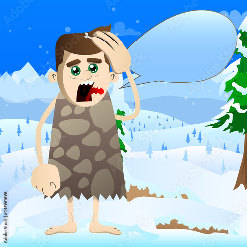Cartoon prehistoric man placing hand on head. Vector illustration of a man from the stone age.