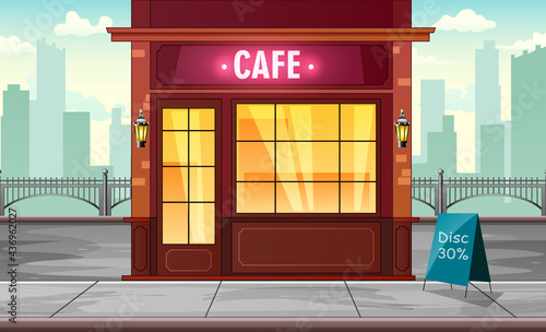 Building a cafe in the background of a large city