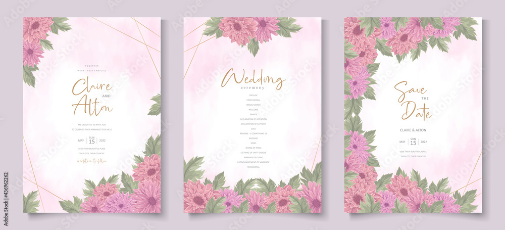 Wedding invitation card with pink chrysanthemum flower design