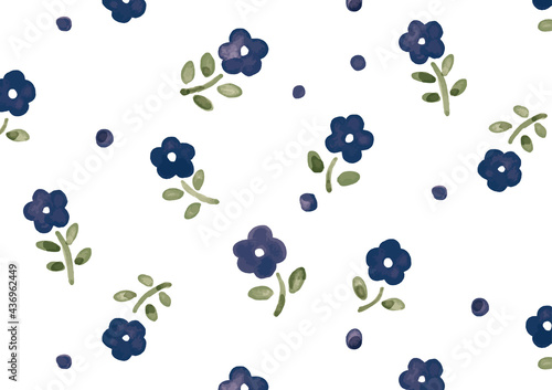 水彩　シンプルで可愛い青い花のイラスト　パターン背景
