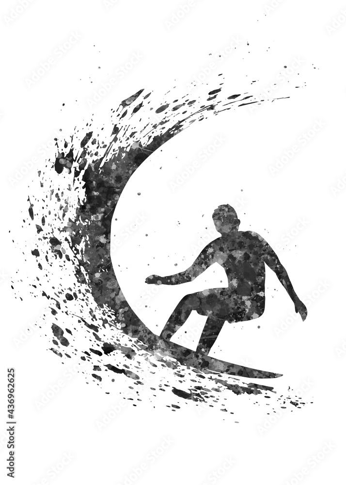 Fototapeta premium Surfer black and white watercolor art, abstract sport painting. sport art print, watercolor illustration artistic, greyscale, decoration wall art.