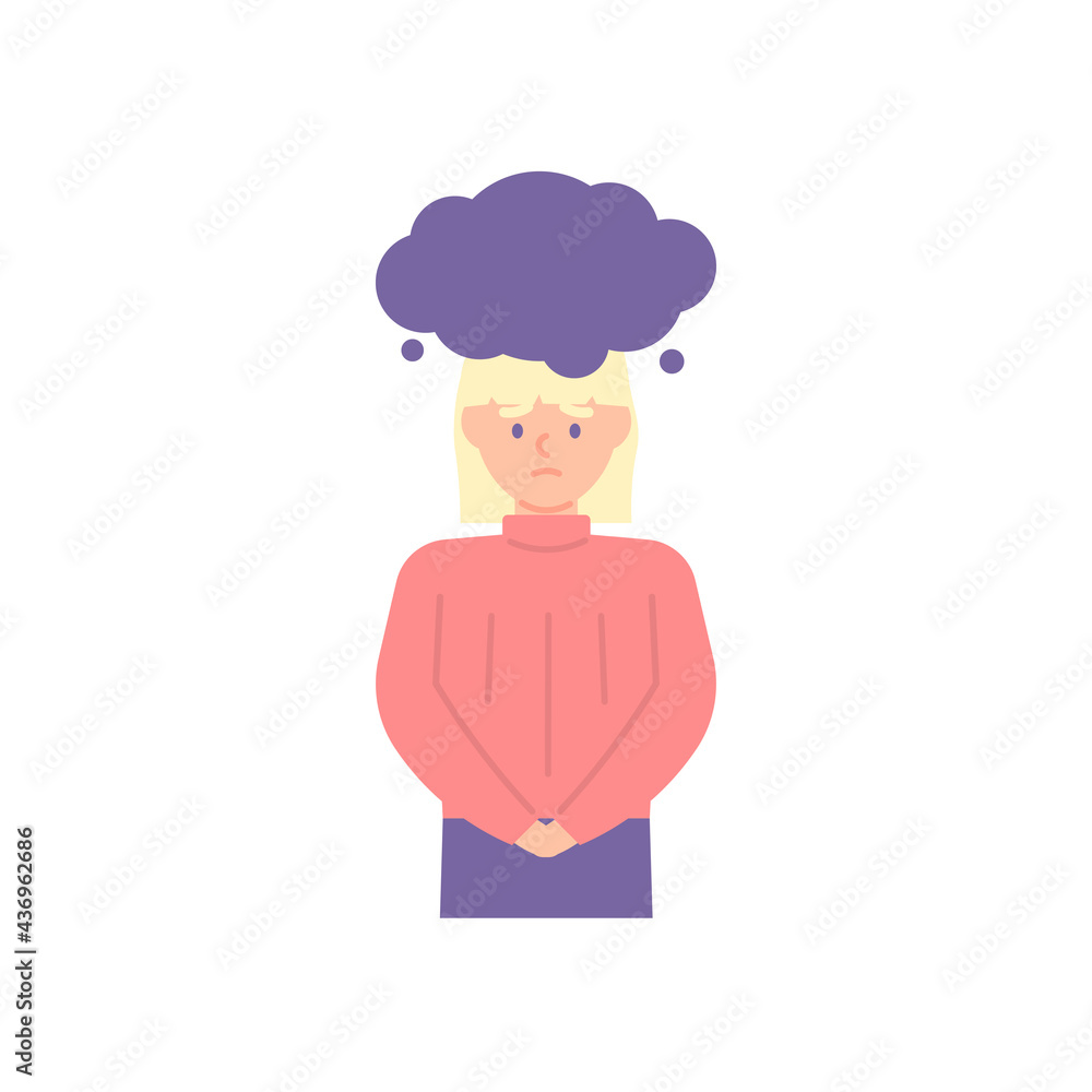 illustration of the expression of a woman who is insecure and has a problem. frustration, stress, under pressure. not confident. cloudy or chat bubble. flat style. vector design illustration of the expression of a woman who is insecure and has a problem. frustration, stress, under pressure. not confident. cloudy or chat bubble. flat style. vector design