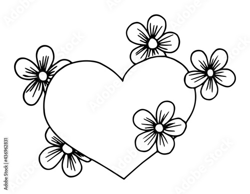 Heart decorated with flowers on a white background. A symbol of love and lovers.  Vector outline hand drawn illustration in doodle style.