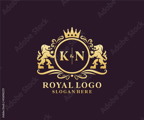 Initial KN Letter Lion Royal Luxury Logo template in vector art for Restaurant, Royalty, Boutique, Cafe, Hotel, Heraldic, Jewelry, Fashion and other vector illustration.