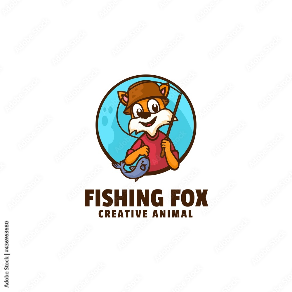 Vector Logo Illustration Fishing Fox Mascot Cartoon Style.