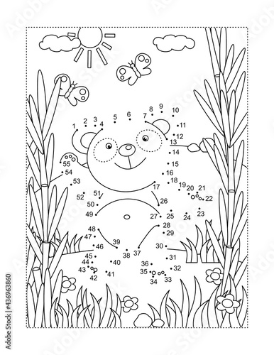 Cute little panda bear in a bamboo forest connect the dots full-page picture puzzle and coloring page 