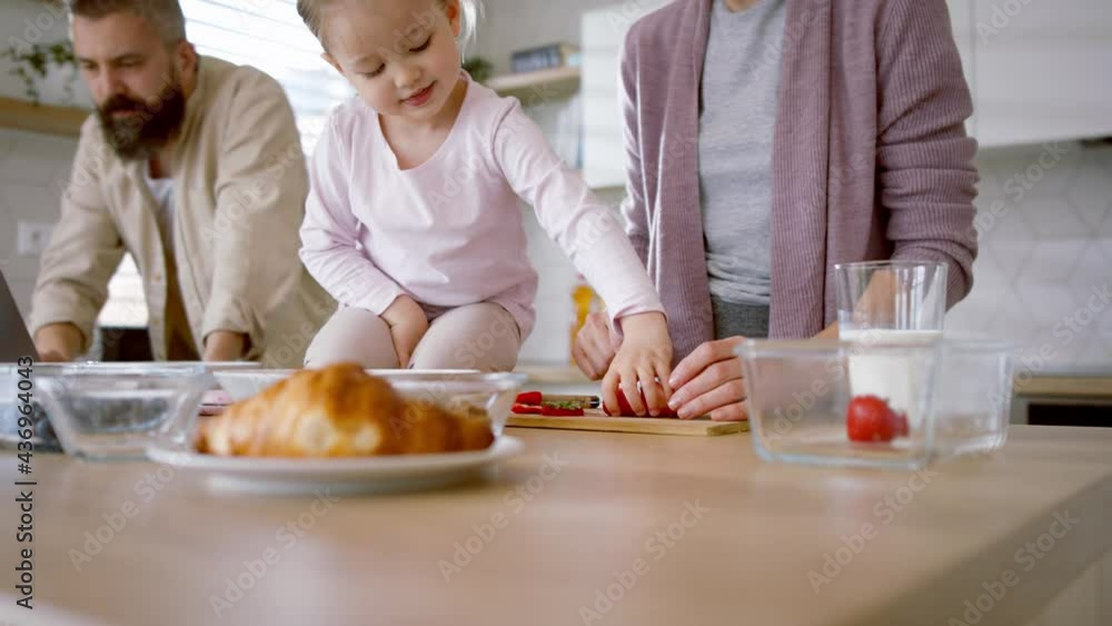 Beautiful family at home, mother preparing a breakfast, father working. Beautiful family at home, mother preparing a breakfast, father working.