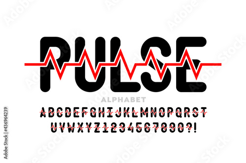 Heartbeat pulse line style font, alphabet letters and numbers vector illustration
