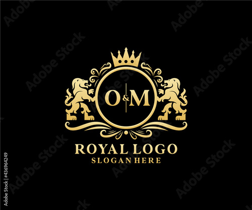 Initial OM Letter Lion Royal Luxury Logo template in vector art for Restaurant, Royalty, Boutique, Cafe, Hotel, Heraldic, Jewelry, Fashion and other vector illustration.