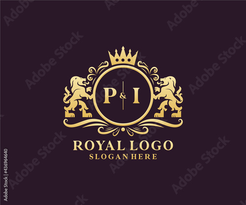 Initial PI Letter Lion Royal Luxury Logo template in vector art for Restaurant, Royalty, Boutique, Cafe, Hotel, Heraldic, Jewelry, Fashion and other vector illustration.