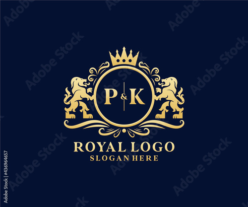 Initial PK Letter Lion Royal Luxury Logo template in vector art for Restaurant, Royalty, Boutique, Cafe, Hotel, Heraldic, Jewelry, Fashion and other vector illustration.