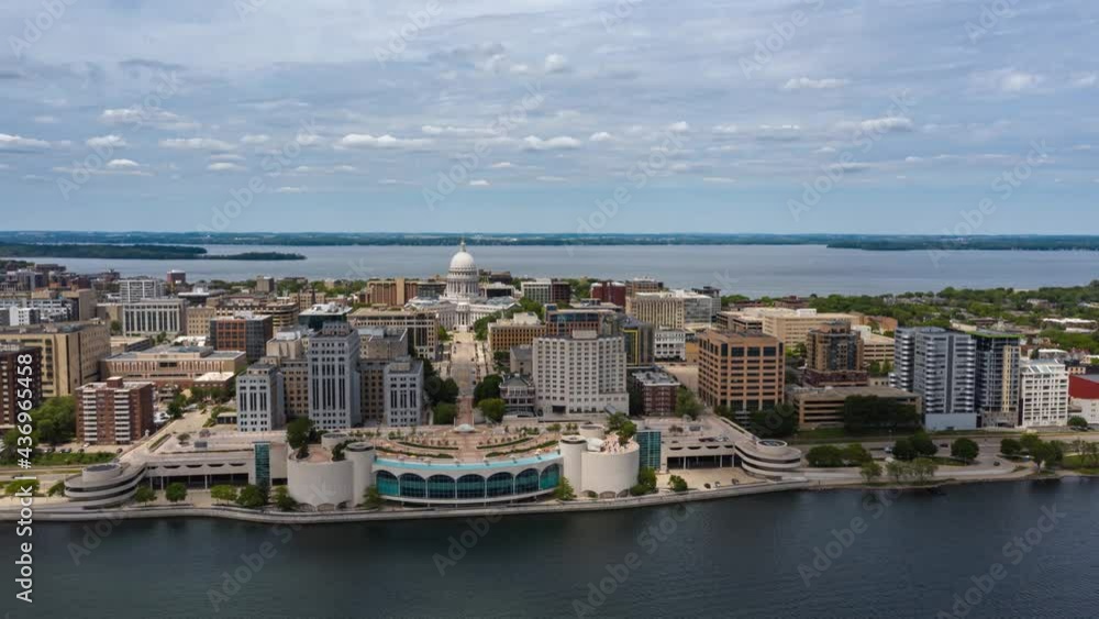 Aerial hyper lapse of Madison downtown skyline. Capital city of Wisconsin Aerial hyper lapse of Madison downtown skyline. Capital city of Wisconsin