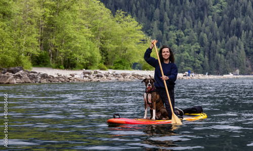 Adult Caucasian Adventure Woman on a paddle board with boxer dog. Alouette Lake in Golden Ears by Maple Ridge, Greater Vancouver, British Columbia, Canada.