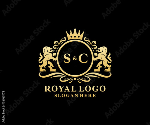 Initial SC Letter Lion Royal Luxury Logo template in vector art for Restaurant, Royalty, Boutique, Cafe, Hotel, Heraldic, Jewelry, Fashion and other vector illustration.