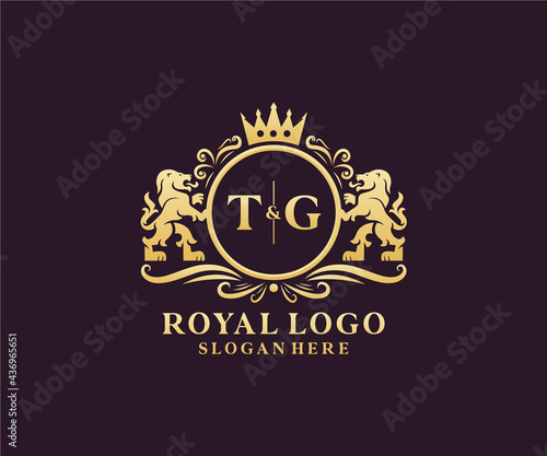 Initial TG Letter Lion Royal Luxury Logo template in vector art for Restaurant, Royalty, Boutique, Cafe, Hotel, Heraldic, Jewelry, Fashion and other vector illustration.