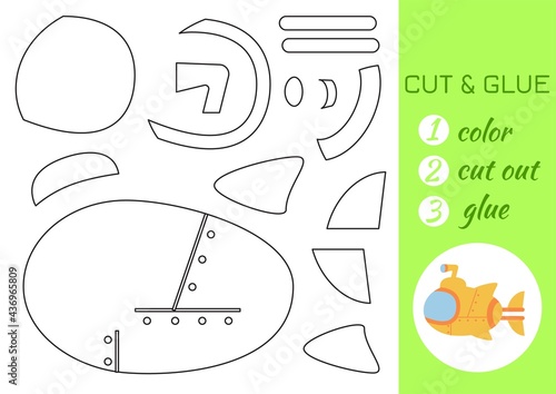 Color, cut and glue paper yellow submarine. Cut and paste craft activity page. Educational game for preschool children. DIY worksheet. Kids logic game, activities jigsaw. Vector stock illustration.