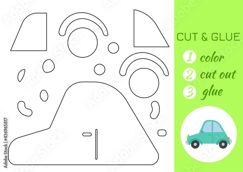 Color, cut and glue paper green car. Cut and paste craft activity page. Educational game for preschool children. DIY worksheet. Kids logic game, activities jigsaw. Vector stock illustration.