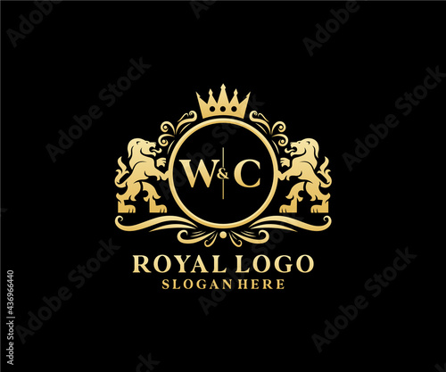 Initial WC Letter Lion Royal Luxury Logo template in vector art for Restaurant, Royalty, Boutique, Cafe, Hotel, Heraldic, Jewelry, Fashion and other vector illustration.