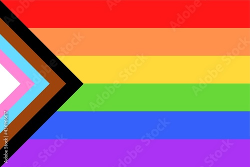 Illustration of colorful new Social Justice / Progress rainbow pride flag / banner of LGBTQ+ (Lesbian, gay, bisexual, transgender & Queer) organization. June is celebrated as the Pride Parade month