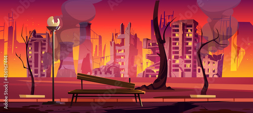 Destroyed city park, war zone, abandoned urban garden with burnt bench, trees and buildings. Destruction, natural disaster or cataclysm, post-apocalyptic world ruins, cartoon vector illustration