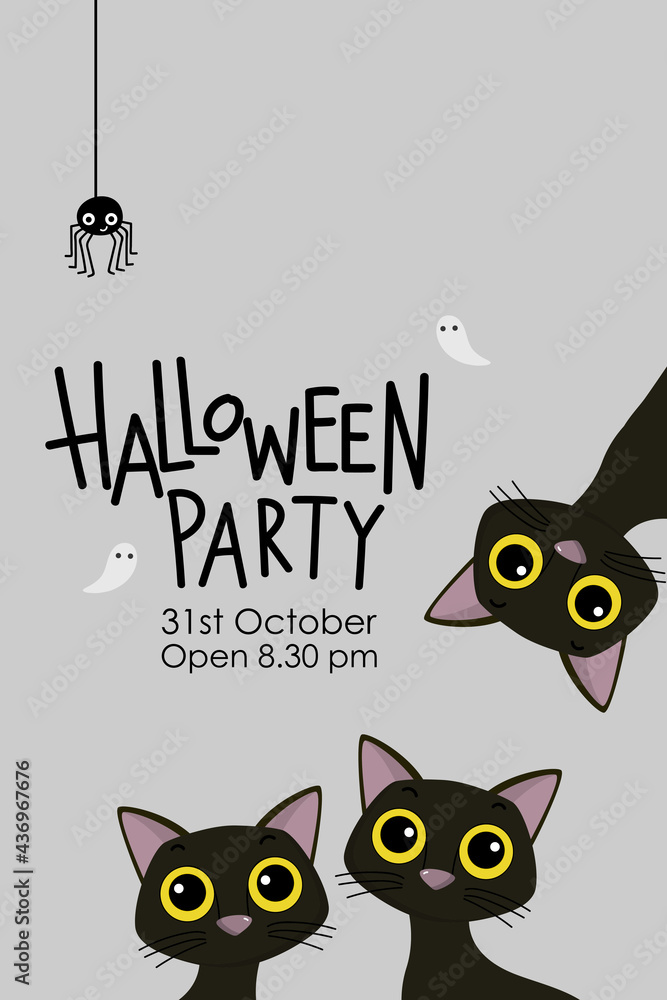 Happy Halloween party invitation card with cute black cat and spooky ghost. Animal holidays cartoon character. -Vector