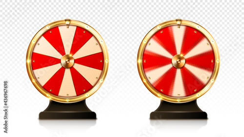 Fortune wheel spin, casino lucky roulette game of chance with money prizes, lose and jackpot win sectors. Gambling lottery or raffle online entertainment, amusement, Realistic 3d vector illustration