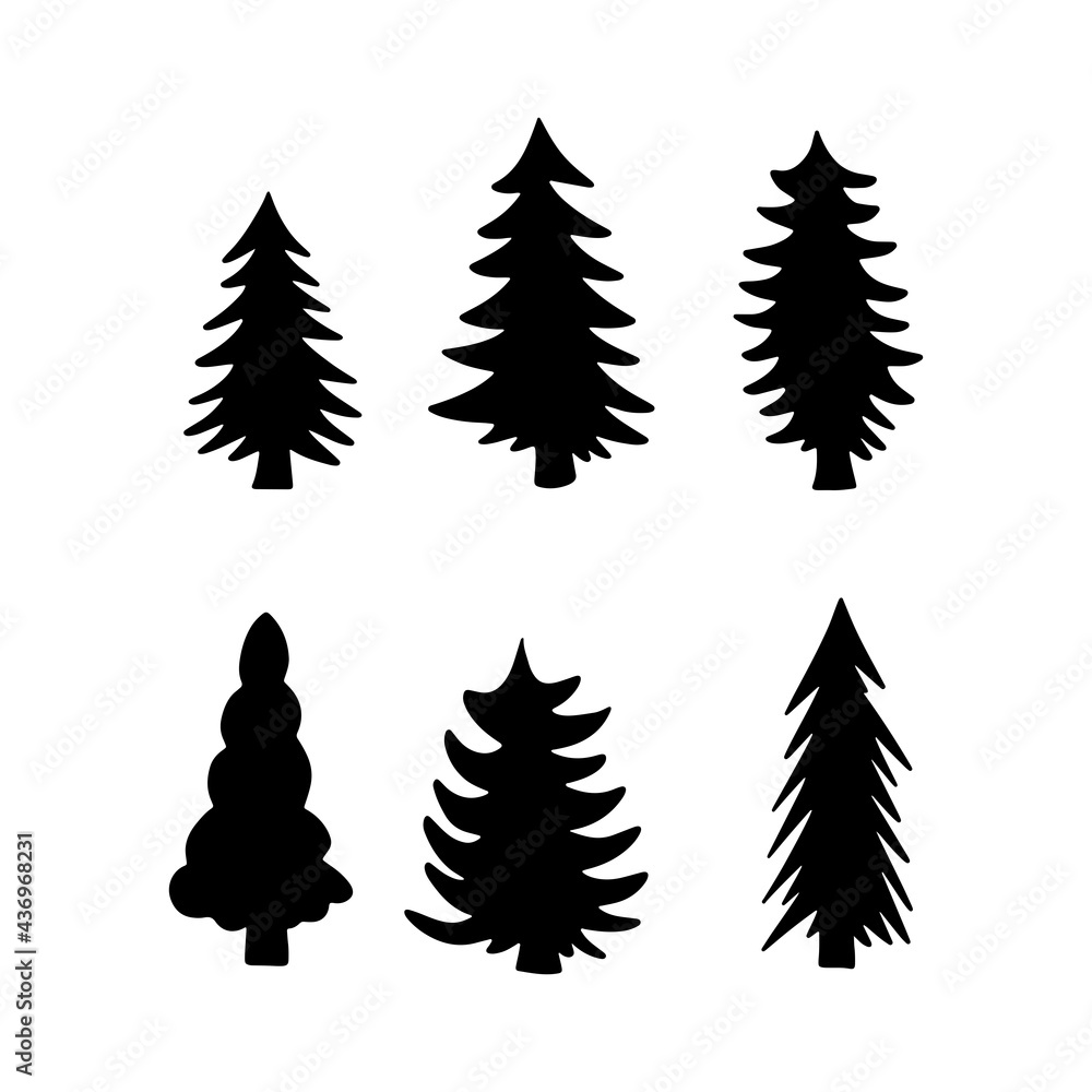 Obraz premium Isolated tree on the white background. Tree silhouettes. set of tree pine silhouette collections. Set for the design of various works, brochures, posters. 