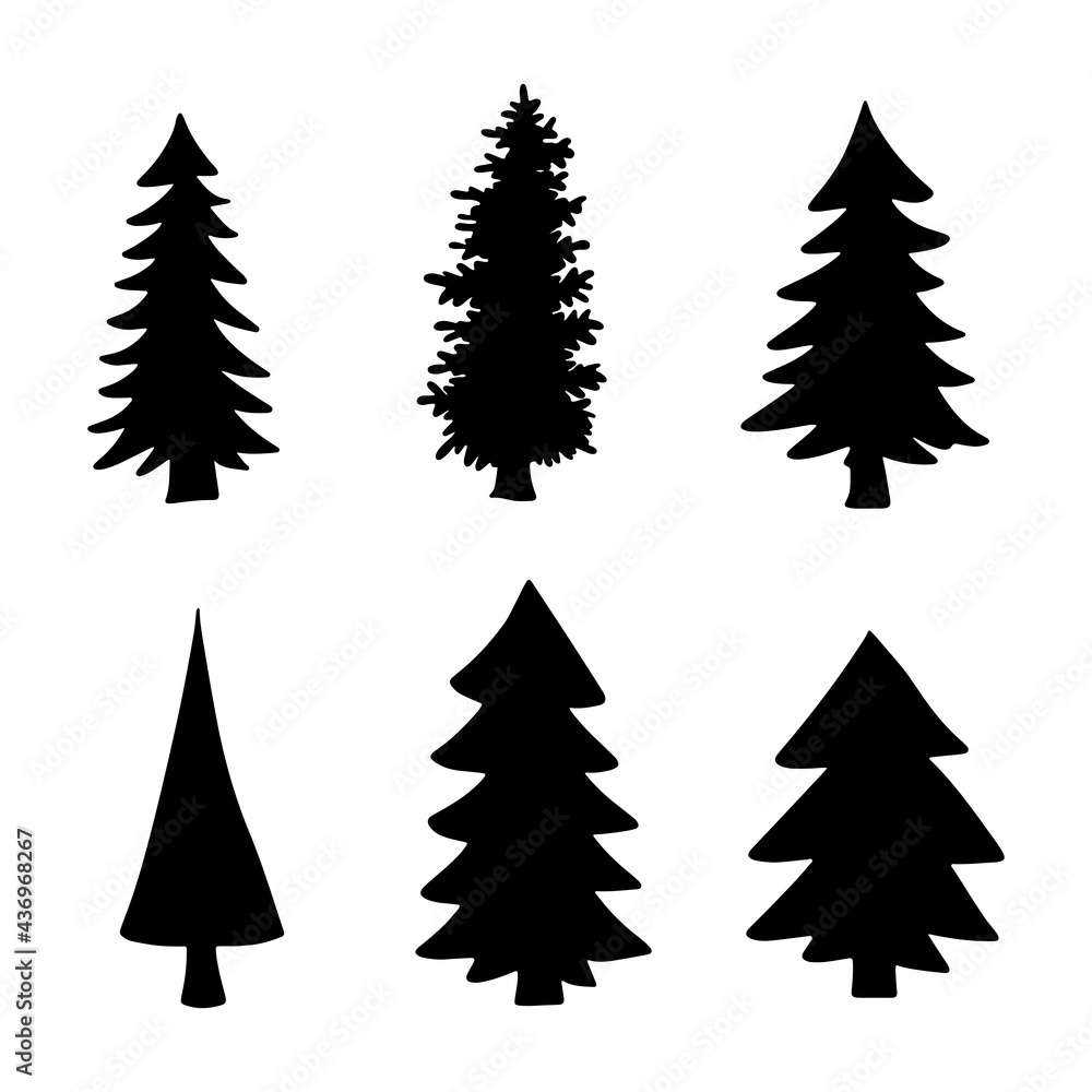 Obraz premium Isolated tree on the white background. Tree silhouettes. set of tree pine silhouette collections. Set for the design of various works, brochures, posters. 