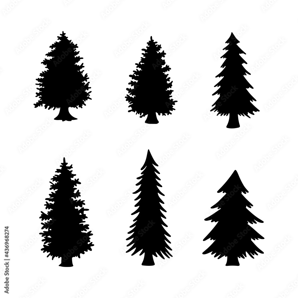 Isolated tree on the white background. Tree silhouettes. set of tree pine silhouette collections. Set for the design of various works, brochures, posters. 