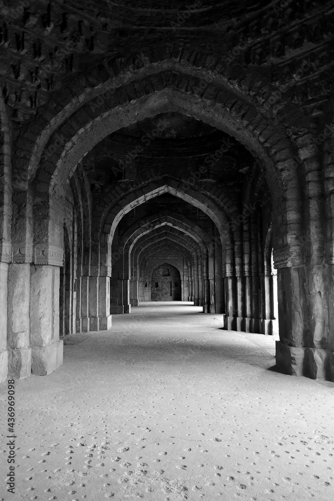 Ancient Mughal era corridor. Location- Inside jamali kamali mosque in Archaeological Village complex in Mehrauli. Citu- New Delhi, Country- India. 15 January 2017.