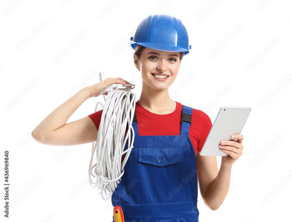 Young female electrician with tablet computer on white background Young female electrician with tablet computer on white background